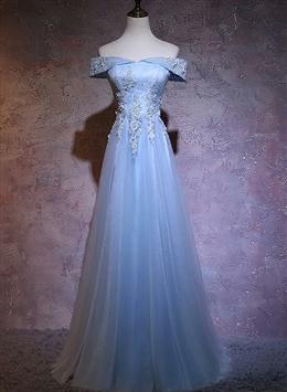 Picture of Charming Blue Elegant Tulle Party Dresses with Lace Applique, Long Prom Dresses